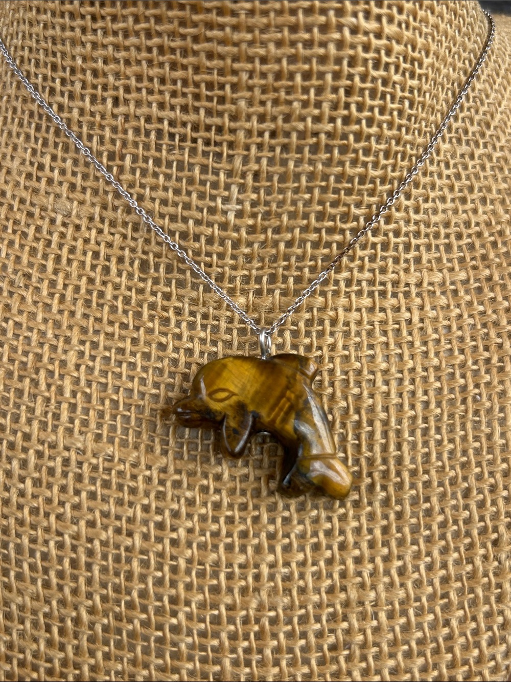 Hand-Carved Tiger Eye Dolphin Pendant Necklace - Brown Gold Tone